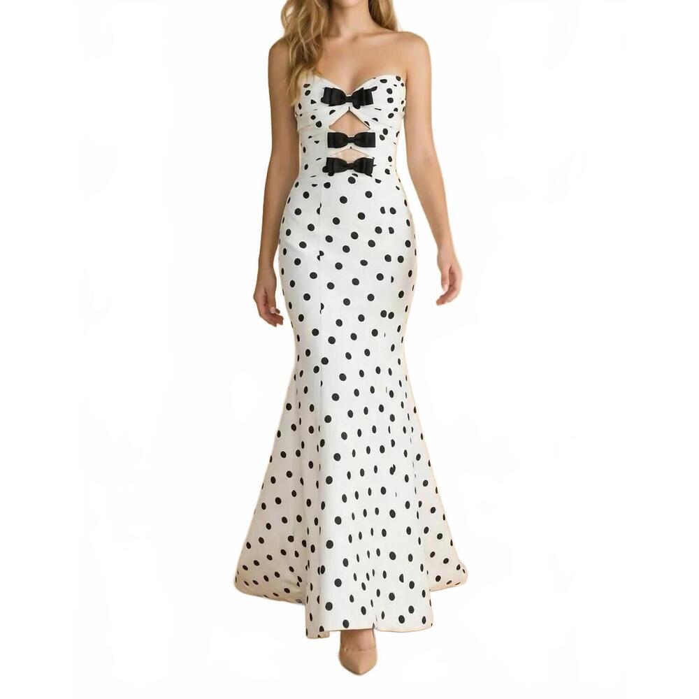NEW COUTURE LEE mermaid gown with cutout bodice in polka‑dot